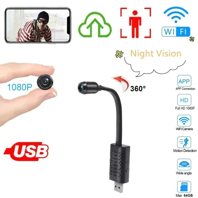 USB WIFI webová kamera Mini kamera 1080P s nočním viděním Podpora detekce pohybu 64GB Telefon APP Anti-theft Wifi kamera Počítač USB