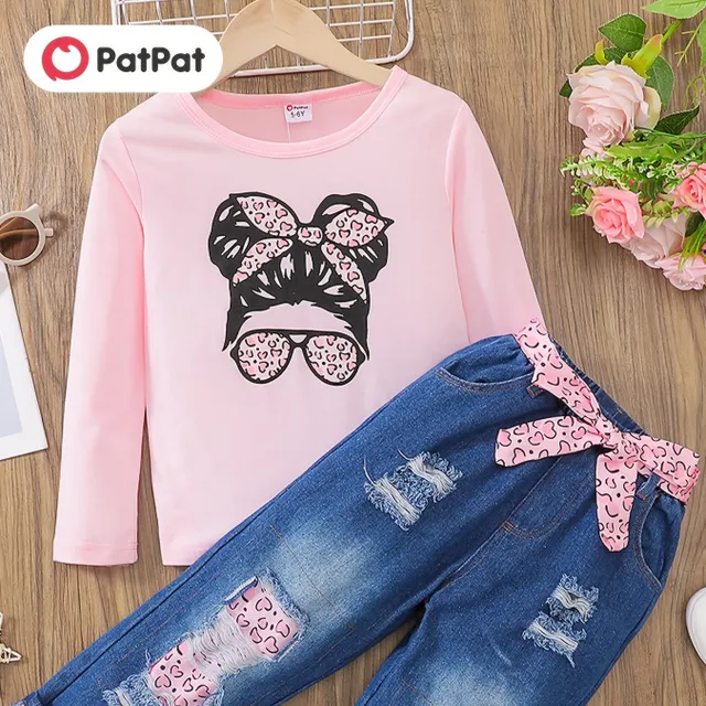 3-piece set for girls - Long Sleeve with printing + Torn jeans with belt