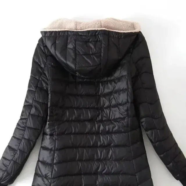 Women's winter middle-length Korean coat with hood and fleece lining made of cotton