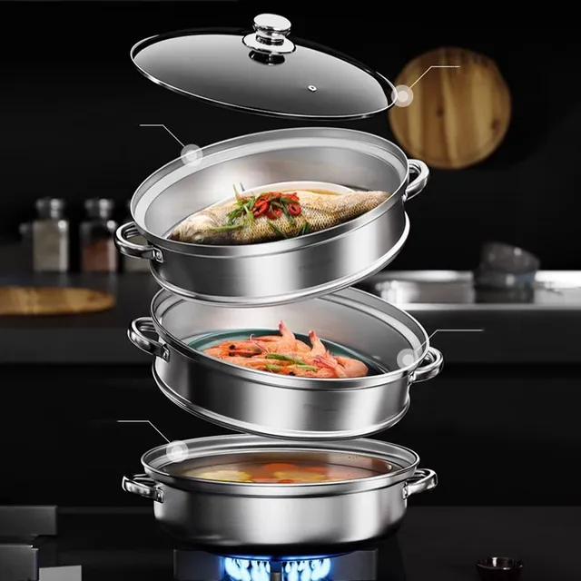 3-storey stainless steel steam cooker with stack © Fully equipped steamer for healthy cooking