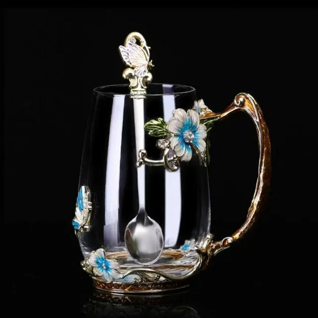 Decorated glass cup with spoon