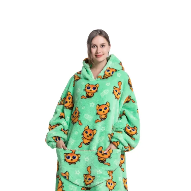 Wearable blanket with hood of stuffed animal and sherpa fleece for adults