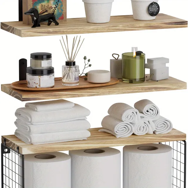 Drevené plávajúce police pre kúpeľňové doplnky, s košíkmi na papierové vreckovky a toaletný papier, na organizovanie kúpeľní