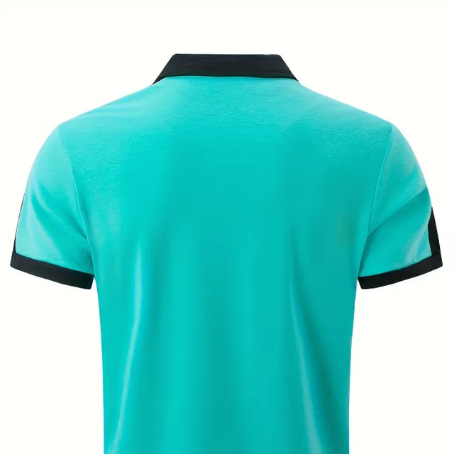 Prodyšná pánská golfová polokošile v běžném střihu s barevnými bloky, pánské tričko s krátkým rukávem a výstřihem do V na léto