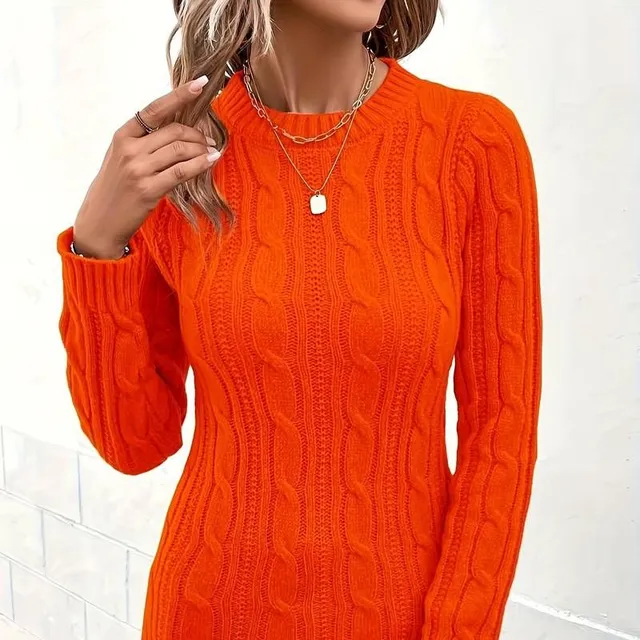 Ladies knitted sweater with round neck and long sleeves in cable pattern