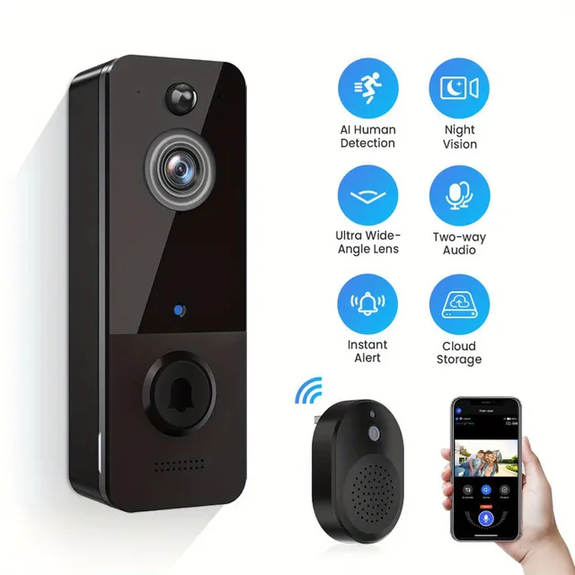 Sonerie video wireless cu sonerie inteligentă, detectare AI a persoanelor, stocare în cloud, imagine HD, sunet bidirecțional, vedere pe timp de noapte, WiFi 2.4G, baterie