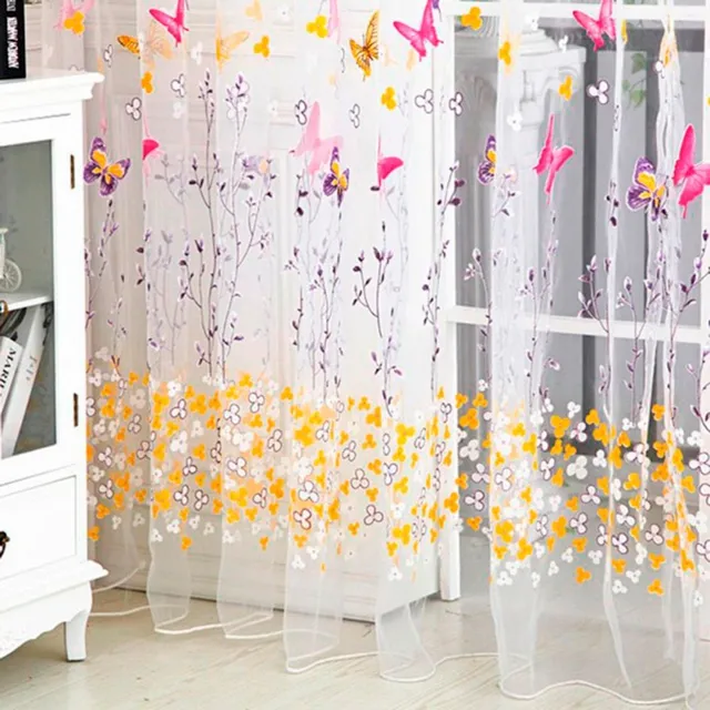 Satin curtain with butterflies and flowers