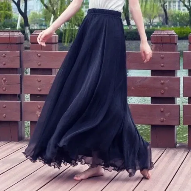 Dlouhá maxi sukně pro ženy z plisovaného chiffonu, s elastickým vysokým pasem a v různých barvách