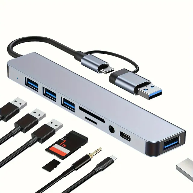 Univerzálny USB Hub 8v1 s konektormi USB a USB-C