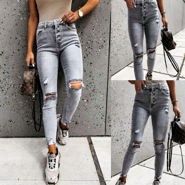 Dámské úzké šedé roztrhané džíny s knoflíky a vysokým pasem