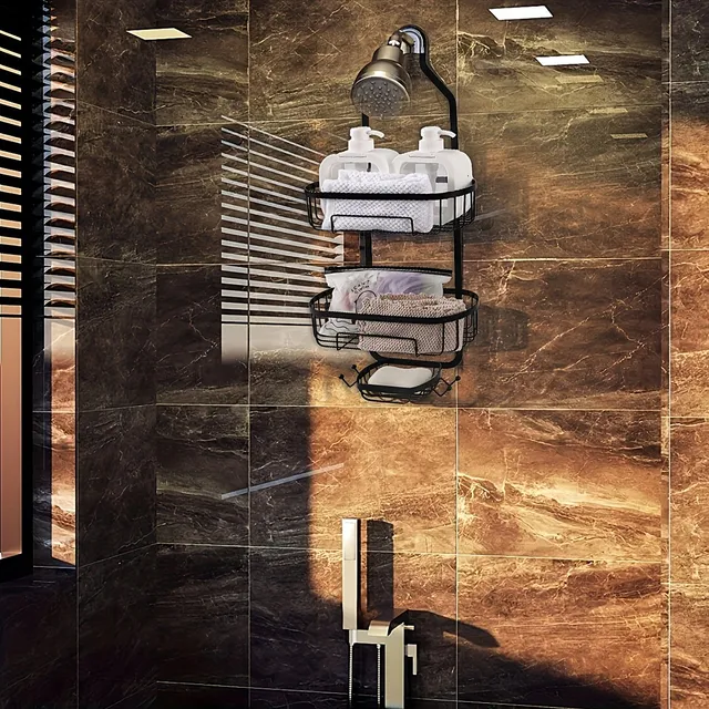 Sklopná sprcha organizátor, nerezový čierny košík na hornej poličke s holiacimi hákmi a hubami.