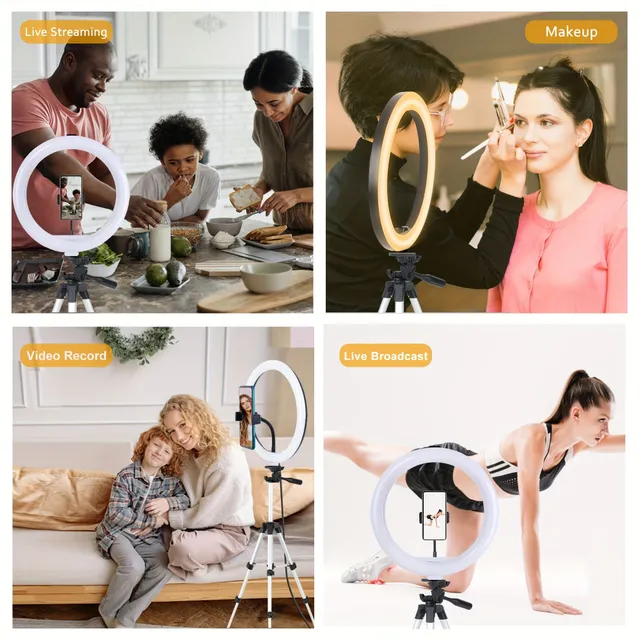 Circular LED light for selfie and photo with adjustable stand (25.4 cm) and telephone holders