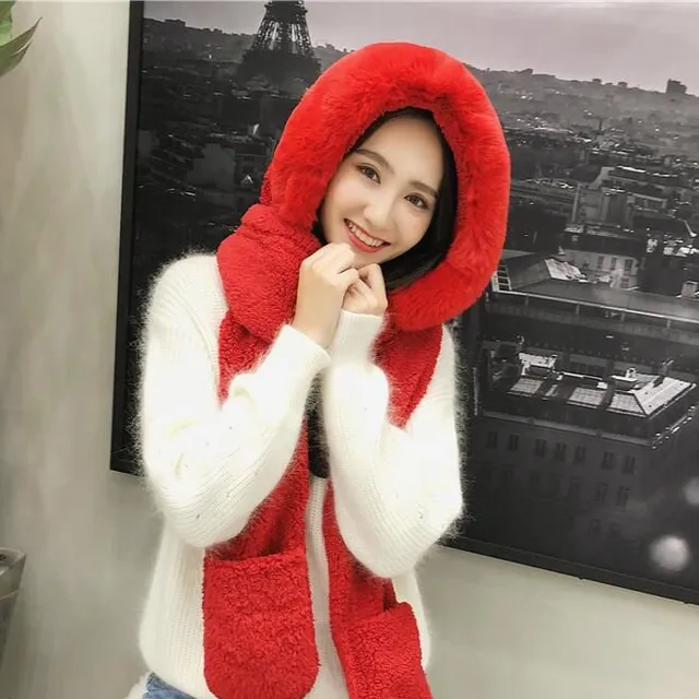 Women's winter scarf with hood and gloves