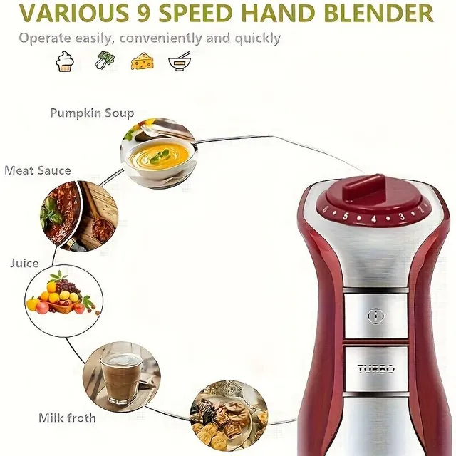 Adjustable blender 5v1 400 W, quiet running, 12 speeds, stainless steel rod, dishes, easy change of attachments, hanger loop, turbo mode