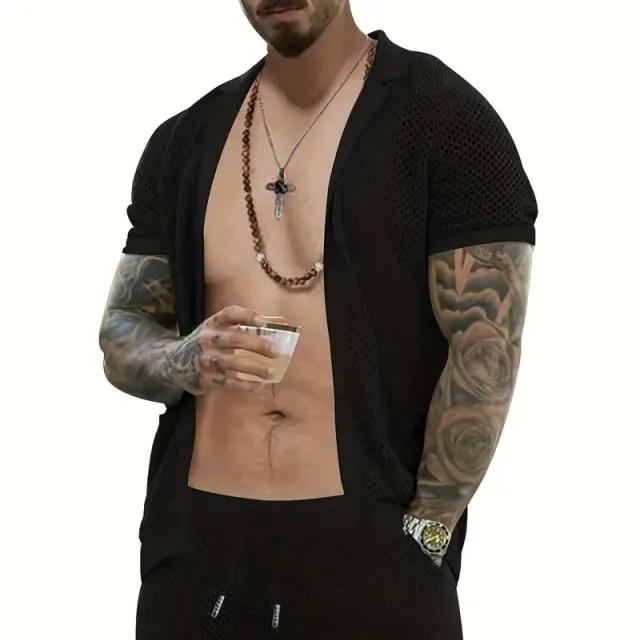 Breathable knitted or crocheted men's set with t-shirt and shorts with broken design