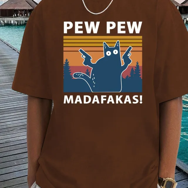 PEW PEW! Tricou bărbătesc cu pisică și umeri căzuți