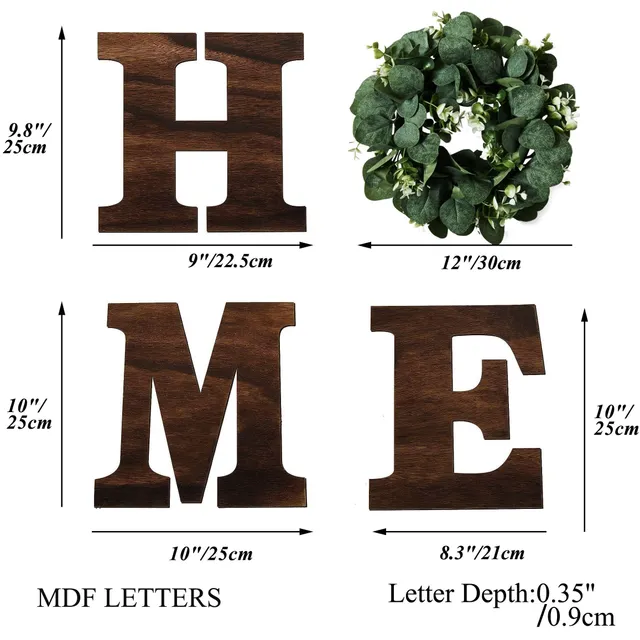 Wall inscription HOME - wooden letters with artificial eucalyptus