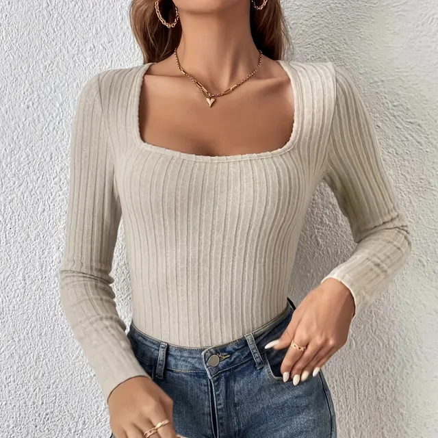 Women's single-colored points with long sleeve and narrow cut, ribbed knitwear with round neckline, ideal for casual style