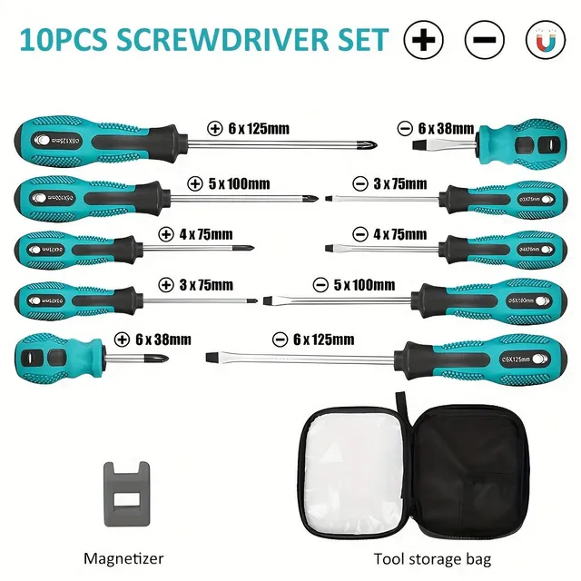 10PCS Magnetic Screwdriver Set Manual Screwdriver Ergonomic Cross Head Screwdriver Metric Flat Hlad Screwdriver For Electronic Furniture Equipment Repair Vehicles