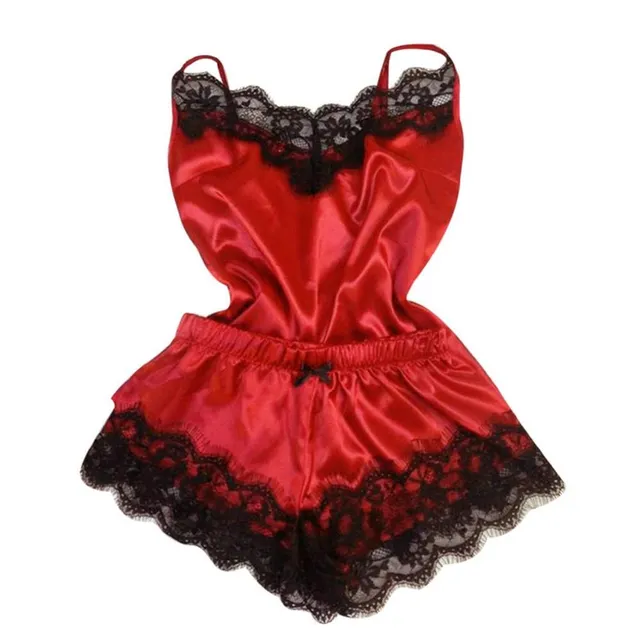 Ladies satin lace pajama set s red-200004891