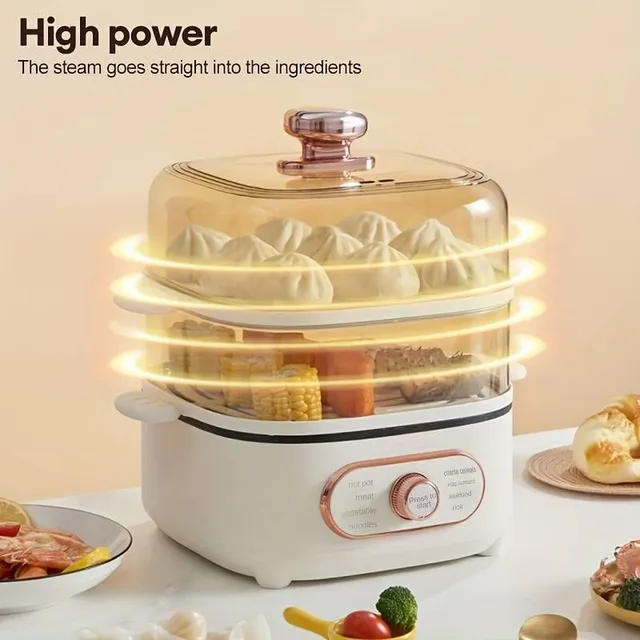 Electric steam pot with two levels, visualization lids and stackable baskets, multifunction 9.5 l, with automatic shutdown function