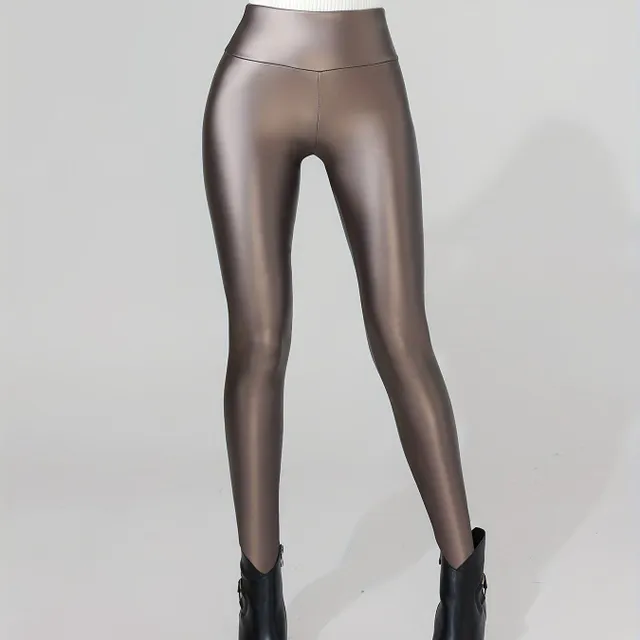 High leggings with leather appearance and plush lining, elastic and sexy, autumn/winter, women's active clothing