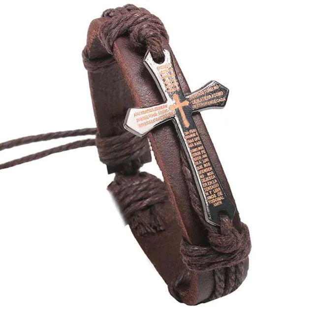 Pánský stylový kožený náramek s křížkem