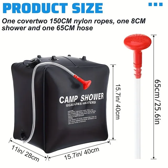 40L Solar shower for camping with water heating - portable shower bag with removable hose and nylon ropes. For hiking, climbing and travel
