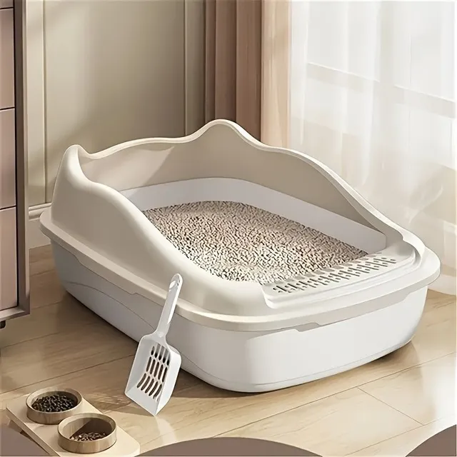 Large half-covered cat toilet with sand protection - for kittens