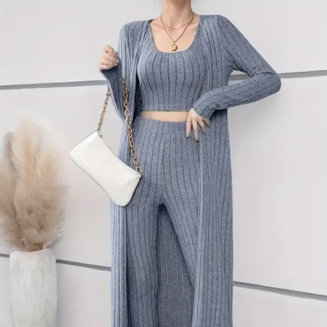 Women's 3-piece ribbed set: shortened top, cardigan with long sleeve and trousers with high waist