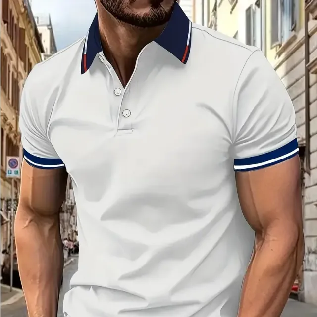 Men's golf polo shirt with short sleeve for leisure - breathable with contrasting lining