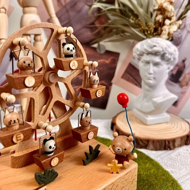 Wooden music box with moving carousel and pets