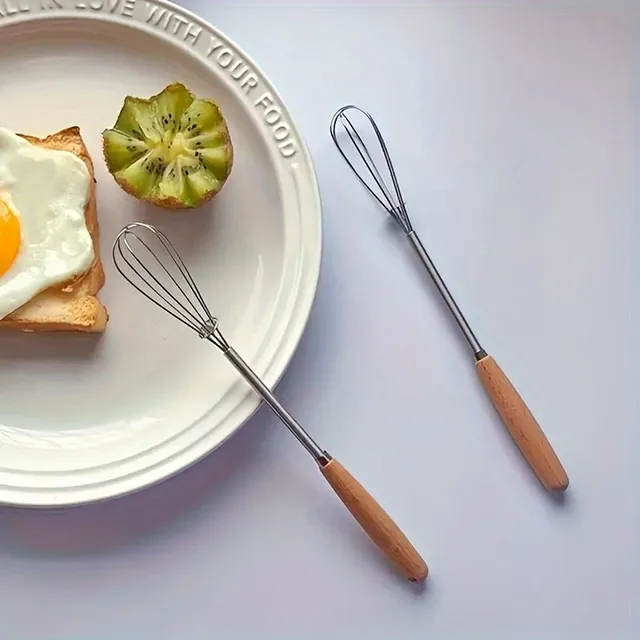 1 pièce de mini fouet de cuisine en acier inoxydable avec manche en bois massif pour mélanger, fouetter