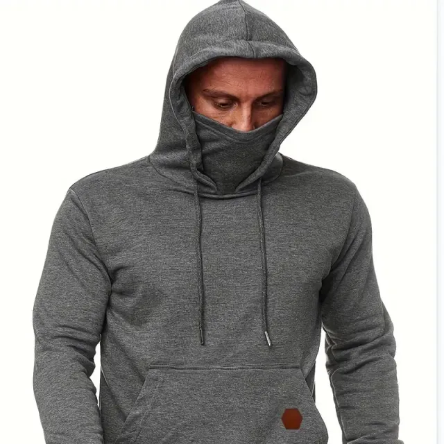 Men's hoodie with hood and face cover, drawstring, casual, multicolour