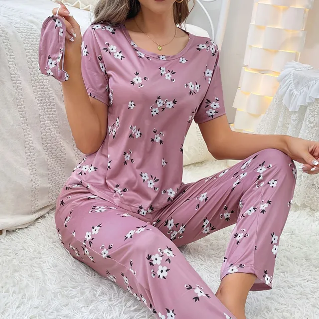 Women's loose pajamas with floral printing, short sleeve and pants - Sleeping and relaxation kit