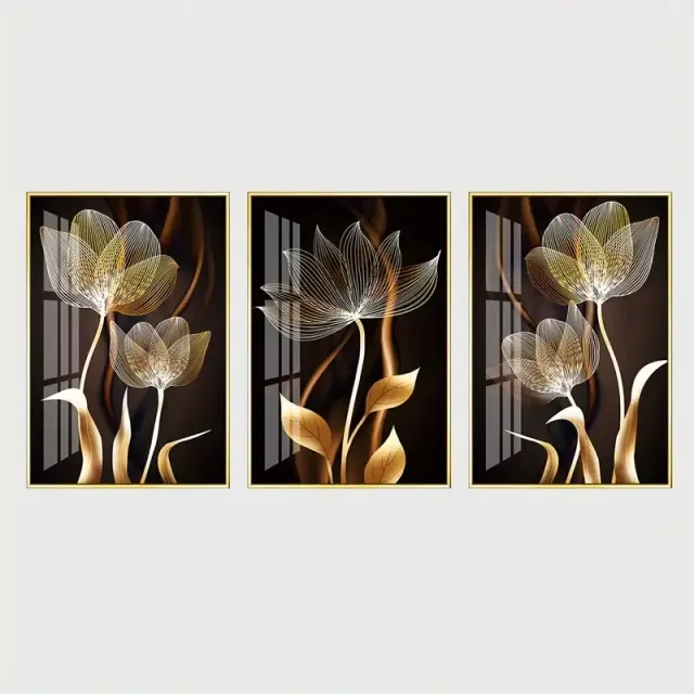 3 part abstract painting on canvas with black and gold flowers, living room decoration, 40x60 cm, no frame