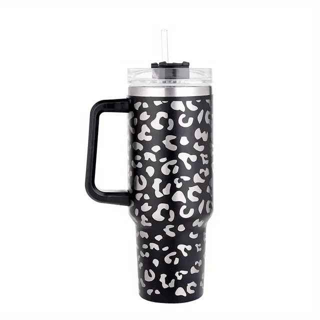Thermo bottle with leopard pattern, handle and drink - Stainless steel water thermos for outdoor sports, traveling and camping - Perfect gift for men and women