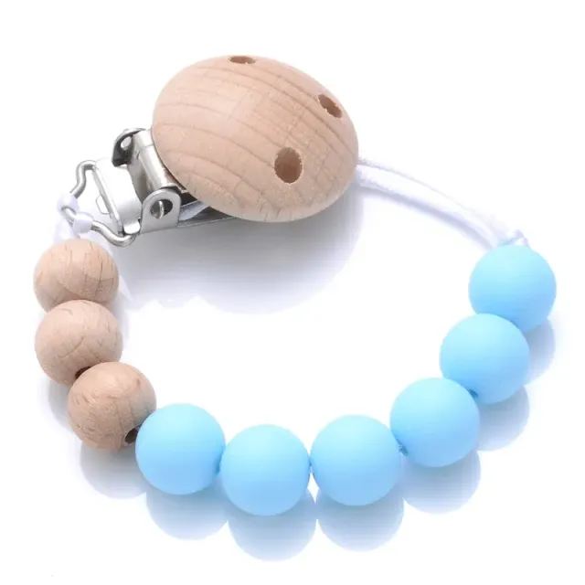 Wooden pacifier clip with silicone bite and round beads