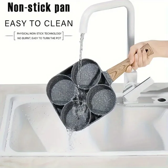 Non-stick pan for pancakes and fried eggs with 4 holes and wooden handles