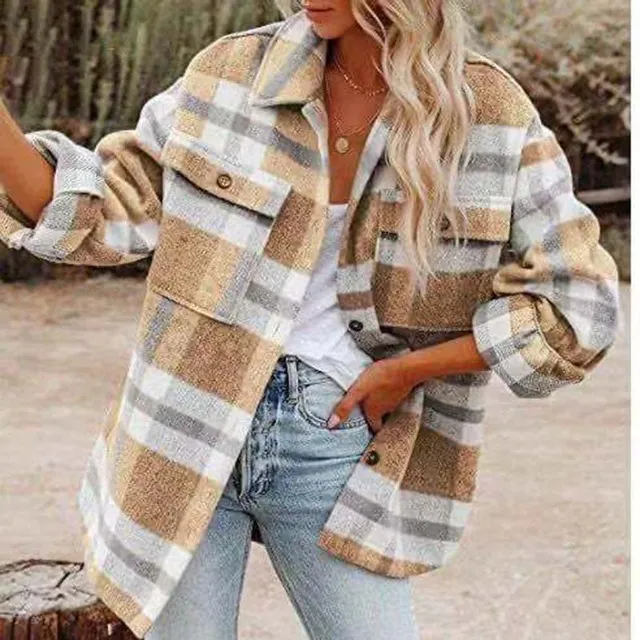 Kolorowy plaid faux wool jacket Flanelowa kurtka koszulowa