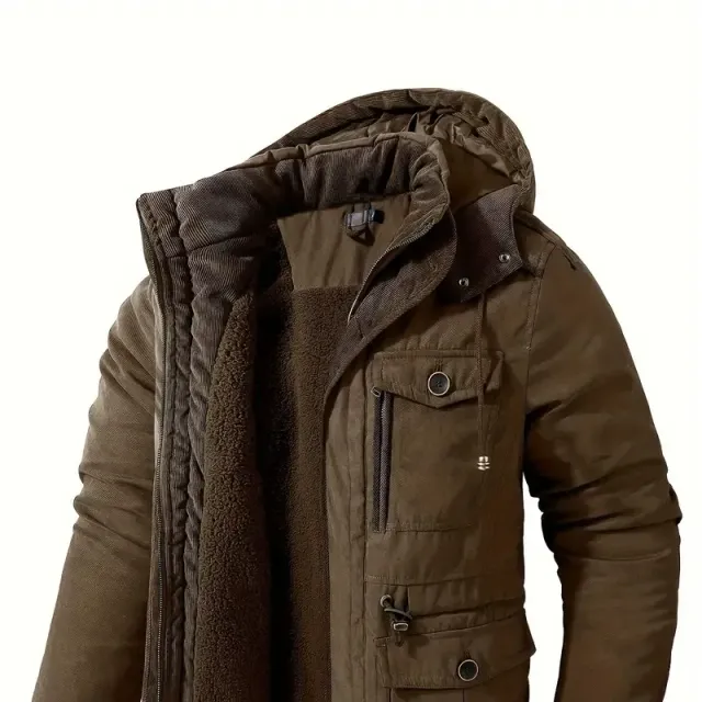 Men's warm winter jacket with hood, multifunctional pockets, elegantly casual