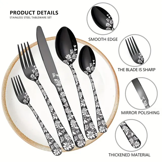 Modern stainless steel cutlery with floral pattern - for home and restaurant