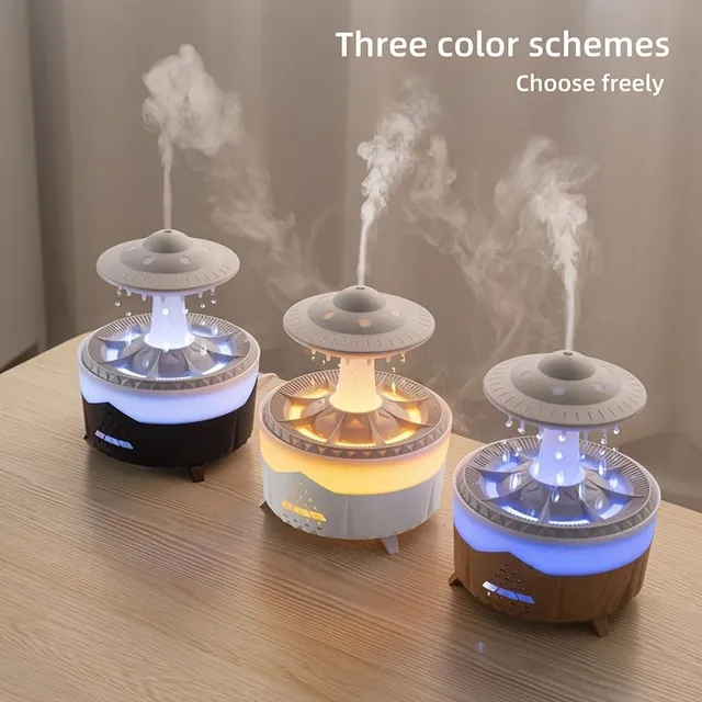 Air humidifier with rain cloud and drops, diffuser, aroma lamp