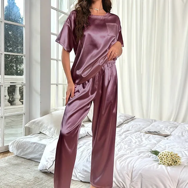 Pyjama en satin pour femme, ensemble à manches courtes et pantalons longs