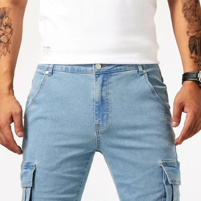 Male cargo jeans slim cut with multiple pockets, medium elastic denim fabric, leisure street style