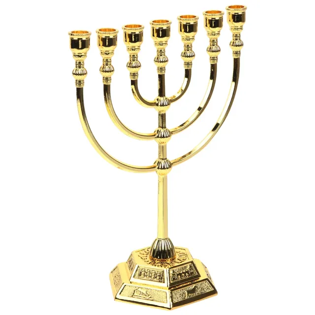 Candelabru cu șapte lumânări cu motivul Templului din Ierusalim - Culoare aurie și argintie