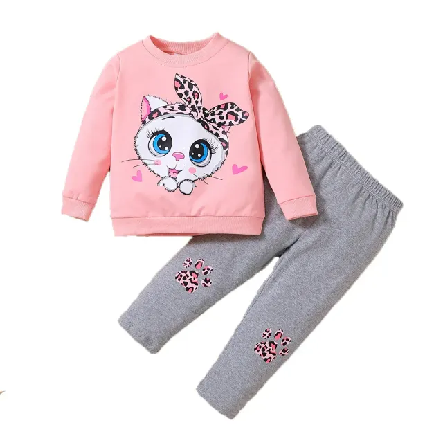 Children's two-piece cotton pajamas with long sleeve and a cat with big eyes for girls