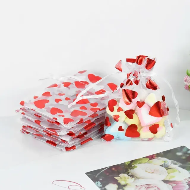 20 bucăți de saculețe din organză cu inimioare roșii pentru mici cadouri