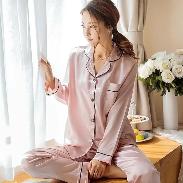 Ladies satin pyjamas with button fastening