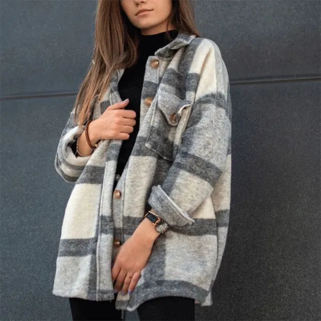 Kolorowy plaid faux wool jacket Flanelowa kurtka koszulowa